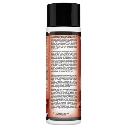 A bottle of Manic Panic® LOVE COLOR™ hair conditioner in "Love Color" shade with a red and black design, marked as vegan and PETA-approved, containing 236 mL of product.