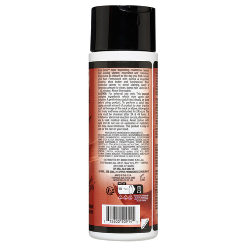 A bottle of Manic Panic® LOVE COLOR™ hair conditioner in "Love Color" shade with a red and black design, marked as vegan and PETA-approved, containing 236 mL of product.