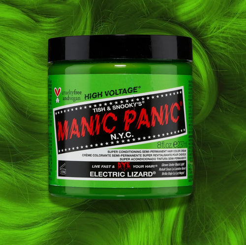 Manic Panic Classic High Voltage semi-permanent hair dye in shade 8 oz Electric Lizard a vibrant, vegan hair color. Image shows a jar of 8 oz Electric Lizard hair dye placed on top of a wavy Neon Green hair swatch.
