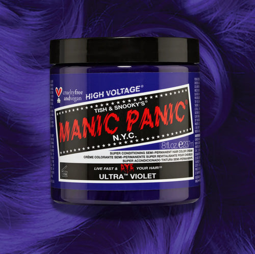 Manic Panic Classic High Voltage semi-permanent hair dye in shade 8 oz Ultra Violet a vibrant, vegan hair color. Image shows a jar of 8 oz Ultra Violet hair dye placed on top of a wavy 8 oz ultra violet hair swatch.
