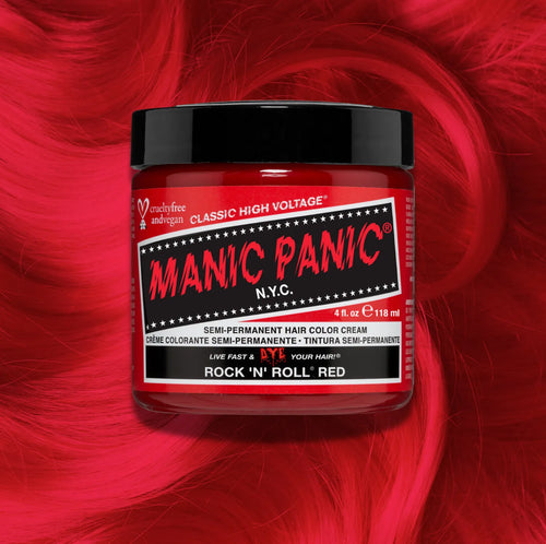 Manic Panic Classic High Voltage semi-permanent hair dye in shade Rock 'N' Roll Red a vibrant, vegan hair color. Image shows a jar of Rock 'N' Roll Red hair dye placed on top of a wavy vibrant red  hair swatch.
