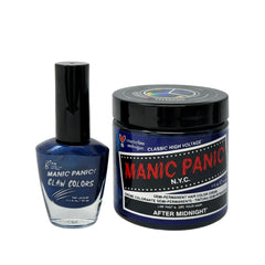 Manic Panic after midnight claw colors nail polish bottle and after midnight classic highvoltage  hair dyejar on a white background