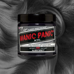 Manic Panic Classic High Voltage semi-permanent hair dye in shade 8 oz Alien Grey - a vibrant, vegan hair color. Image shows a jar of 8 oz Alien Grey - hair dye placed on top of a wavy 8 oz alien grey - hair swatch.
