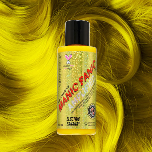 Manic Panic Amplified Electric Banana neon yellow hair dye bottle on yellow wavy hair.