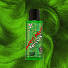Manic Panic Amplified Electric Lizard neon green hair dye bottle on lime green wavy hair background