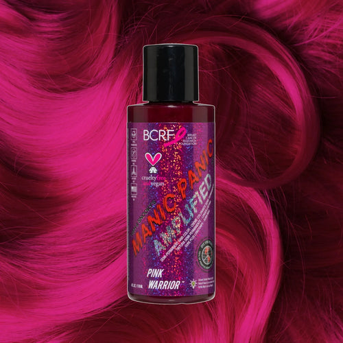 Manic Panic Amplified Pink Warrior bottle on hot pink wavy hair background