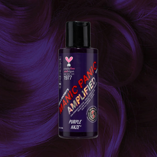 Manic Panic Amplified Purple Haze semi-permanent dye bottle on plum wavy hair background