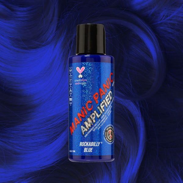 Manic Panic Amplified Rockabilly Blue hair color bottle on electric blue wavy hair background