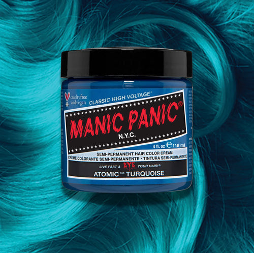 Manic Panic Classic High Voltage semi-permanent hair dye in shade Atomic Turquoise a vibrant, vegan hair color. Image shows a jar of Atomic Turquoise hair dye placed on top of a wavy blue green turquoise hair swatch.
