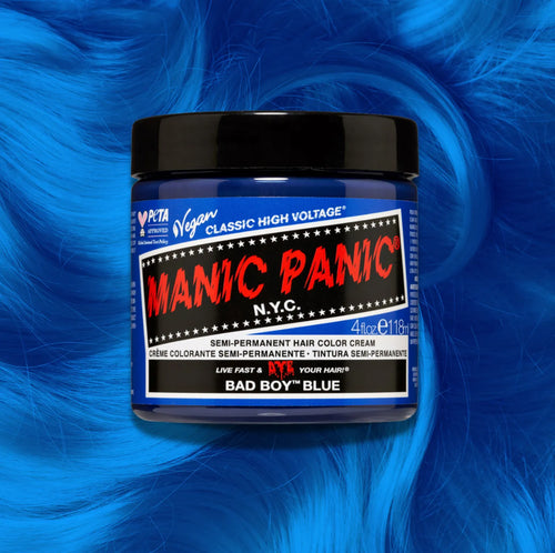 Manic Panic Classic High Voltage semi-permanent hair dye in shade Bad Boy Blue a vibrant, vegan hair color. Image shows a jar of Bad Boy Blue hair dye placed on top of a wavy powder blue  hair swatch.
