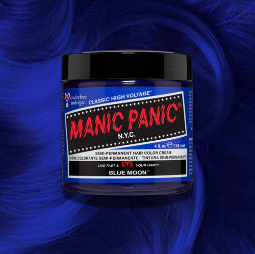 Manic Panic Classic High Voltage semi-permanent hair dye in shade Blue Moon a vibrant, vegan hair color. Image shows a jar of Blue Moon hair dye placed on top of a wavy blue moon hair swatch.

