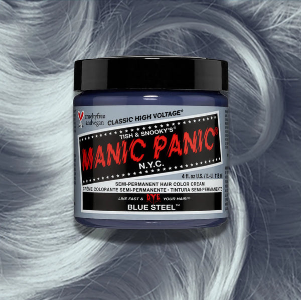 Manic Panic Classic High Voltage semi-permanent hair dye in shade Blue Steel a vibrant, vegan hair color. Image shows a jar of Blue Steel hair dye placed on top of a wavy  blue grey hair swatch.
