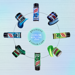 blue, teal and green Manic Panic® semi-permanent hair dye jars with Love Color™ color-depositing conditioners arranged in a circle.