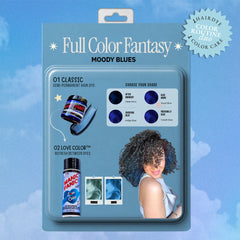 product-card graphic showing After Midnight®, Blue Moon™ and Rockabilly® Blue Classic hair dyes paired with Blue Valentine® Love Color™ conditioner. A model displays a vivid blue hair result.