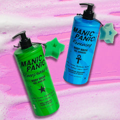 Two bottles of Manic Panic body wash on a colorful background