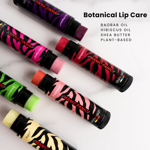 Manic Panic botanical lip care featuring vegan tinted lip balms made with baobab oil hibiscus and shea butter for hydration
