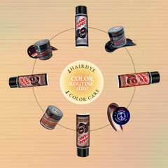 rown, copper, black and berry Manic Panic® semi-permanent hair dye jars with Love Color™ color-depositing conditioners arranged in a circle.
