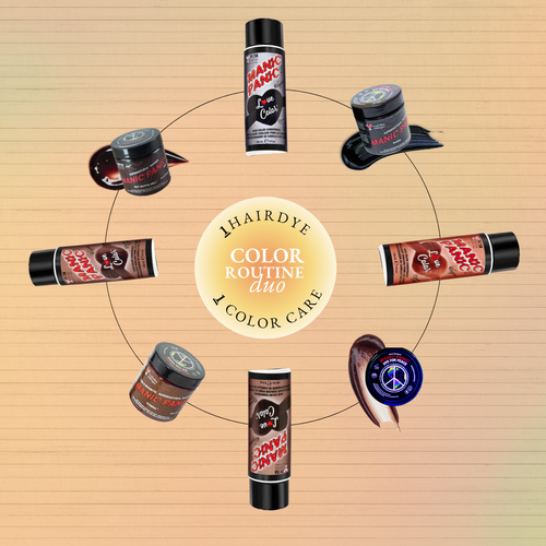 rown, copper, black and berry Manic Panic® semi-permanent hair dye jars with Love Color™ color-depositing conditioners arranged in a circle.