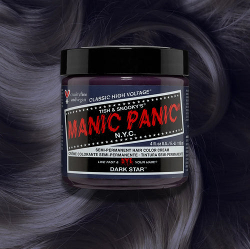 Manic Panic Classic High Voltage semi-permanent hair dye in shade Dark Star a vibrant, vegan hair color. Image shows a jar of Dark Star hair dye placed on top of a violet grey hair swatch.
