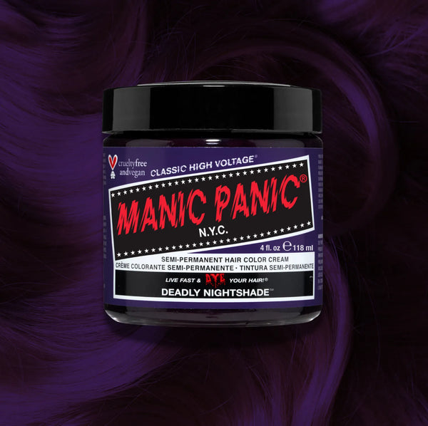 Manic Panic Classic High Voltage semi-permanent hair dye in shade Deadly Night Shade a vibrant, vegan hair color. Image shows a jar of Deadly Night Shade hair dye placed on top of a wavy deadly night shade hair swatch.
