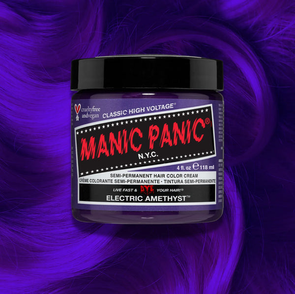 Manic Panic Classic High Voltage semi-permanent hair dye in shade Electric Amethyst a vibrant, vegan hair color. Image shows a jar of Electric Amethyst hair dye placed on top of a wavy electric amethyst hair swatch.
