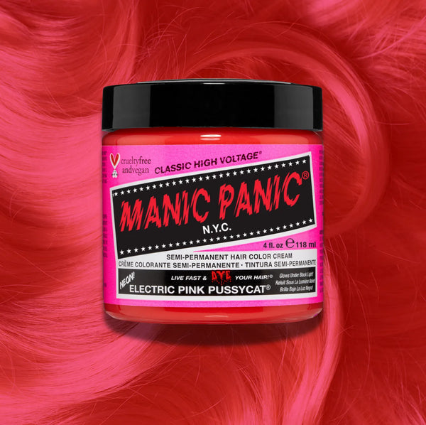 Manic Panic Classic High Voltage semi-permanent hair dye in shade Electric Pink Pussycat a vibrant, vegan hair color. Image shows a jar of Electric Pink Pussycat hair dye placed on top of a wavy electric pink pussycat hair swatch.
