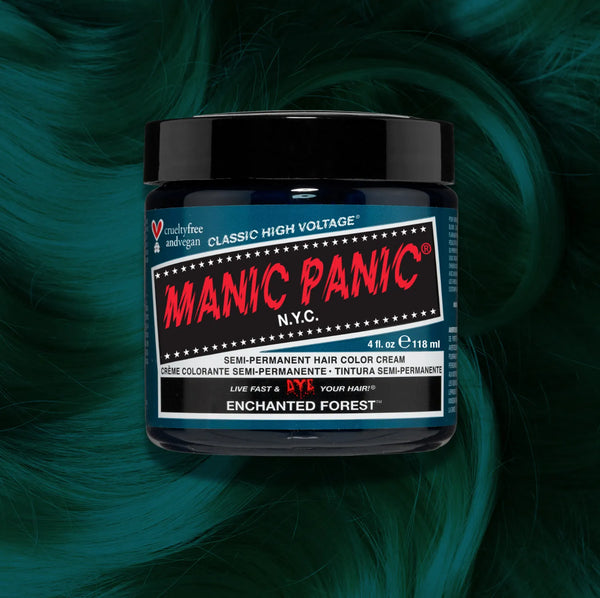 Manic Panic Classic High Voltage semi-permanent hair dye in shade Enchanted Forest a vibrant, vegan hair color. Image shows a jar of Enchanted Forest hair dye placed on top of a wavy enchanted forest hair swatch.
