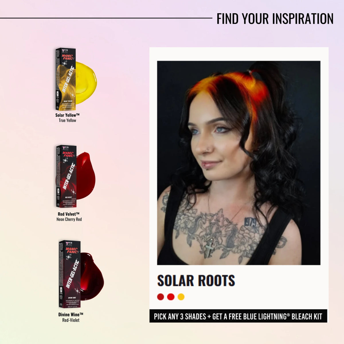Promotional graphic for a hair bleach kit showing three shade options on the left and a model with the applied result on the right. The text reads 'FIND YOUR INSPIRATION' and 'SOLAR ROOTS,' with shade names Solar Yellow, Red Velvet, and Divine Mist, plus a note about a free lightning bleach kit.