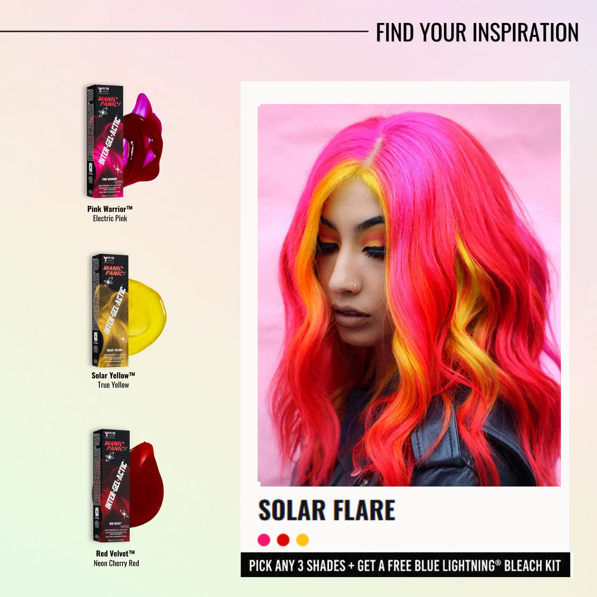 Promotional graphic for a hair dye kit showing a model with bright pink, orange, and yellow highlighted hair labeled 'SOLAR FLARE.' On the left are three boxed dye colors with swatches: Pink Panther in Electric Pink, Color Yellow in Tip Yellow, and Red Velvet in Neon Cherry Red.