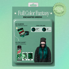 product-card graphic showing Green Envy™ and Enchanted Forest® Classic hair dyes paired with Forest Nymph Green™ Love Color™ conditioner. A model displays a deep green hair result.
