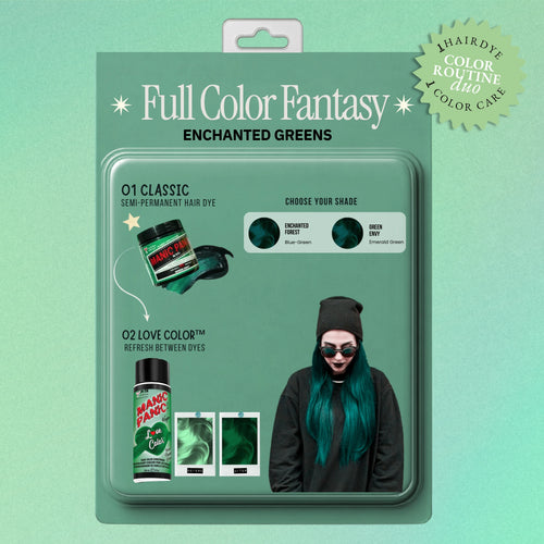 product-card graphic showing Green Envy™ and Enchanted Forest® Classic hair dyes paired with Forest Nymph Green™ Love Color™ conditioner. A model displays a deep green hair result.