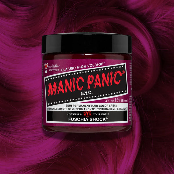 Manic Panic Classic High Voltage semi-permanent hair dye in shade Fuschia Shock a vibrant, vegan hair color. Image shows a jar of Fuschia Shock hair dye placed on top of a wavy fuschia shock hair swatch.
