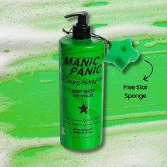Green bottle of Manic Panic Glampower Body Wash with a star-shaped sponge on a green background