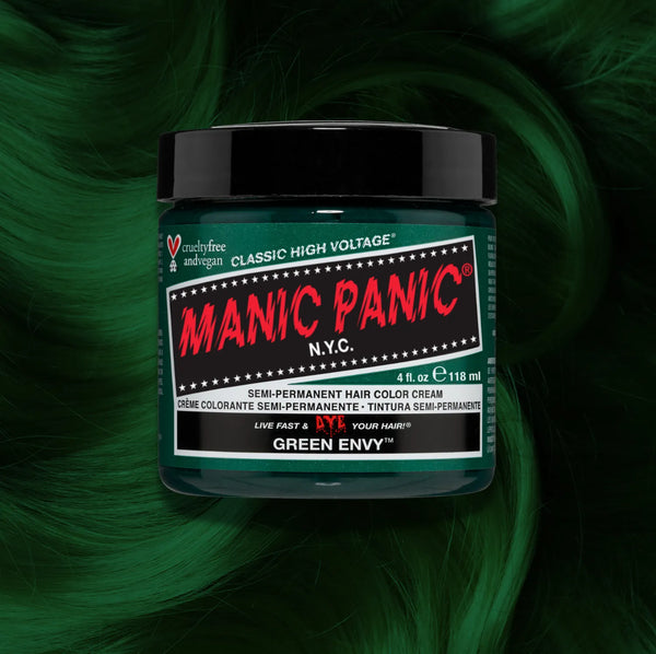Manic Panic Classic High Voltage semi-permanent hair dye in shade Green Envy a vibrant, vegan hair color. Image shows a jar of Green Envy hair dye placed on top of a wavy green envy hair swatch.
