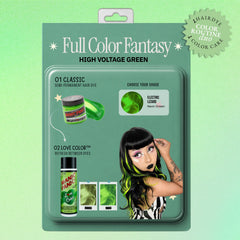 product-card graphic showing Electric Lizard® neon green Classic hair dye paired with Green Venus™ Love Color™ conditioner. A model displays a vivid green hair result.