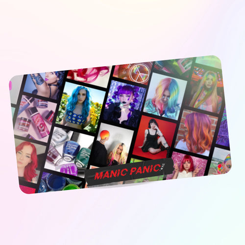 Manic Panic gift card with colorful hair dye collage in pink, blue, purple and rainbow shades