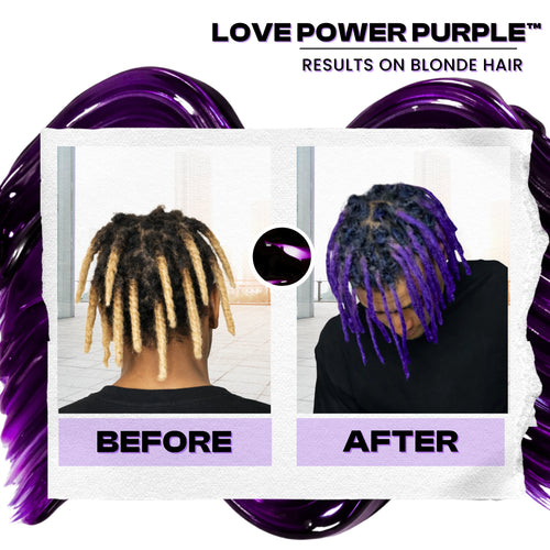 Before and after hair color result using Manic Panic Inter-GEL-actic Love Power Purple kit on a model, showing natural hair before and vibrant purple gel color after.