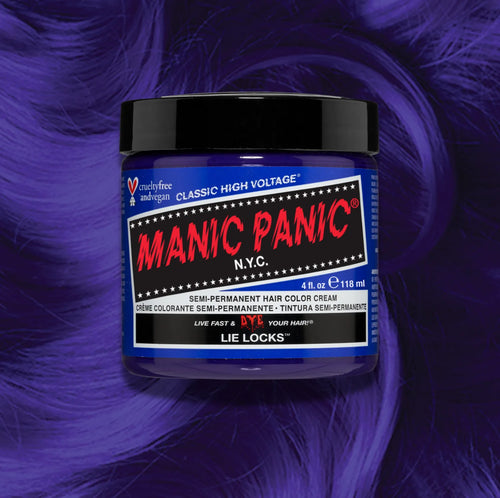 Manic Panic Classic High Voltage semi-permanent hair dye in shade Lie Locks a vibrant, vegan hair color. Image shows a jar of Lie Locks hair dye placed on top of a wavy violet hair swatch.
