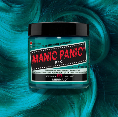 Manic Panic Classic High Voltage semi-permanent hair dye in shade Mermaid a vibrant, vegan hair color. Image shows a jar of Mermaid hair dye placed on top of a wavy mermaid hair swatch.
