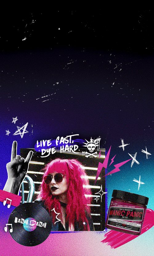 Manic Panic neon UV-reactive hair dye collection banner with bright pink hair, punk collage graphics, and vivid semi-permanent hair color jars.