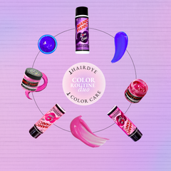 Pink, fuchsia and purple Manic Panic semi-permanent hair dye jars with Love Color color-depositing conditioners arranged in a circle