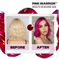Before and after hair color result using Manic Panic Pink Warrior Inter-GEL-actic pink gel hair color kit on pre-lightened blonde hair