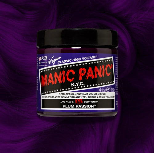 Manic Panic Classic High Voltage semi-permanent hair dye in shade Plum Passion a vibrant, vegan hair color. Image shows a jar of Plum Passion hair dye placed on top of a wavy plum passion hair swatch.
