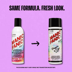 Two bottles of PTA Manic Panic clarifying shampoo and clarifying shampoo with dye-on transition formula shown side by side on a light purple background, with text reading 'SAME FORMULA. FRESH LOOK.