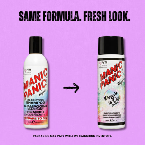 Two bottles of PTA Manic Panic clarifying shampoo and clarifying shampoo with dye-on transition formula shown side by side on a light purple background, with text reading 'SAME FORMULA. FRESH LOOK.