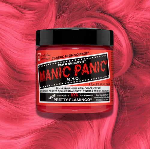 Manic Panic Classic High Voltage semi-permanent hair dye in shade Pretty Flamingo a vibrant, vegan hair color. Image shows a jar of Pretty Flamingo hair dye placed on top of a wavy peachy pink hair swatch.
