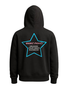 Black Manic Panic Pride zip-up hoodie featuring a blue star with the text “Unleash Your Inner Rainbow.”