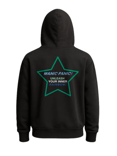 Black Manic Panic Pride zip-up hoodie featuring a green star with the text “Unleash Your Inner Rainbow.”