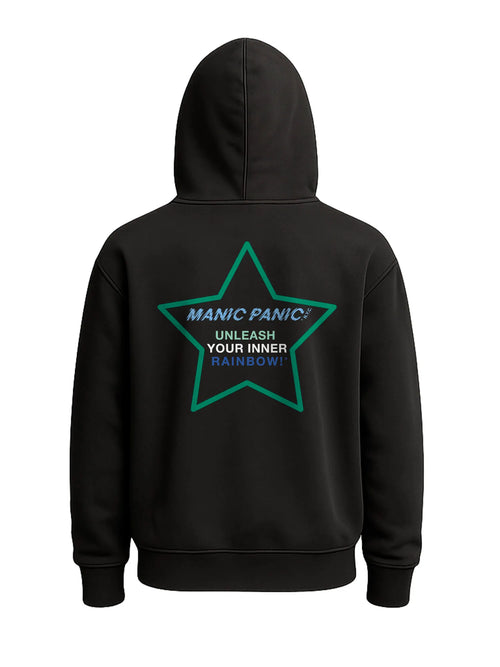 Black Manic Panic Pride zip-up hoodie featuring a green star with the text “Unleash Your Inner Rainbow.”