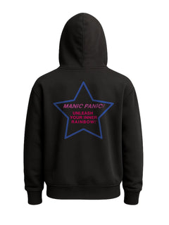 Black Manic Panic Pride zip-up hoodie featuring an indigo star with the text “Unleash Your Inner Rainbow.”
